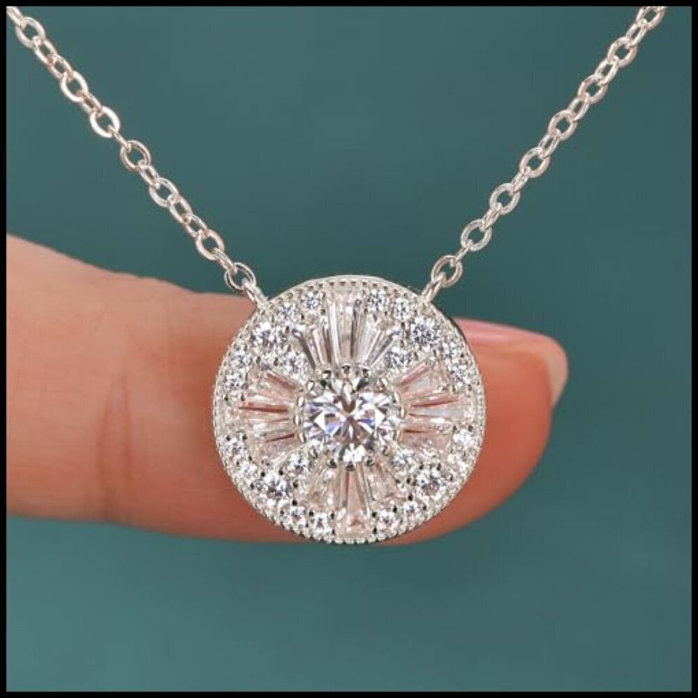 14K White Gold 0.5 ct Moissanite Halo Pendant Necklace 925 Sterling Silver